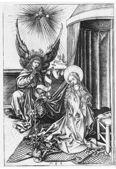 ARTYSTYCZNE TECHNIKI GRAFICZNE Rys. 3.12. Martin Schongauer, Zwiastowanie, ok. 1490 r.