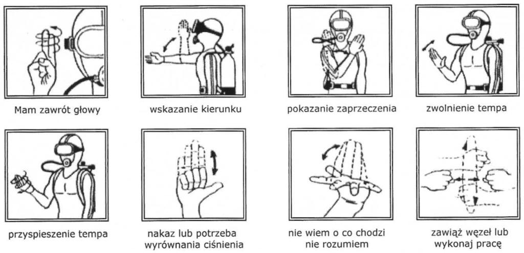 3. Komunikacja przy pomocy (liny czy dotyku) Sposób sygnalizacji powinien być dokładnie omówiony przed nurkowaniem. Są dwa sposoby, dwuznakową i trzyznakową.