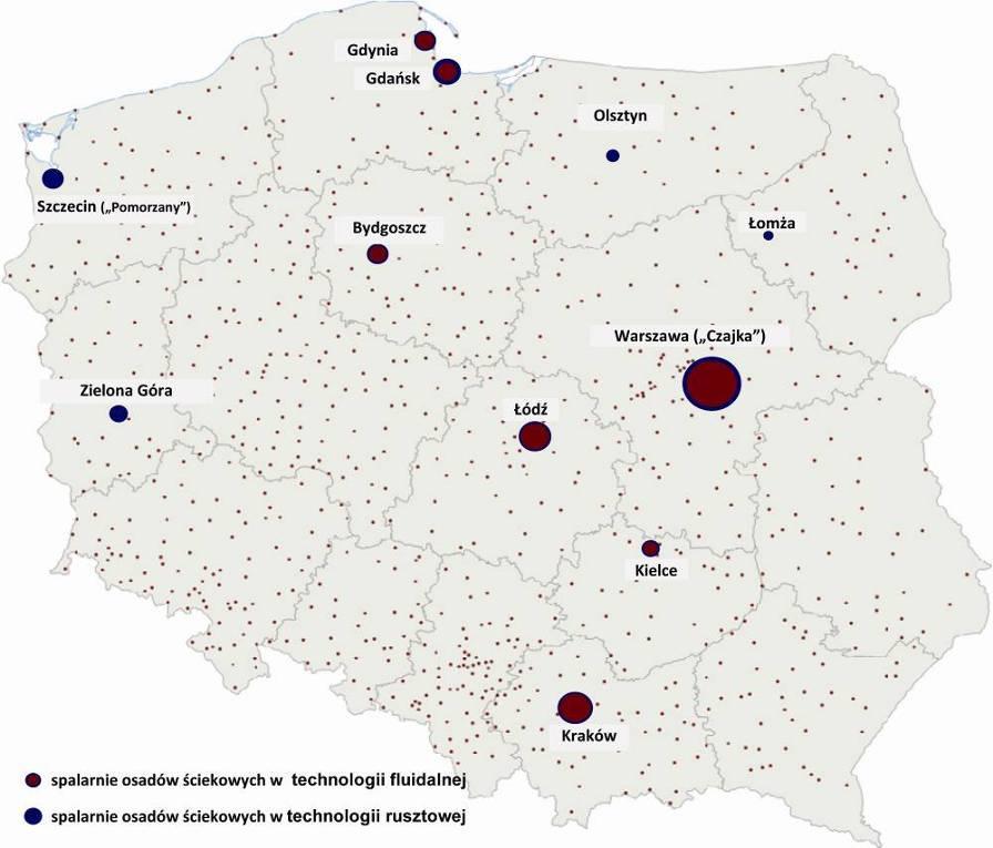 Wszystkie spalarnie osadów współpracujące z oczyszczalniami ścieków w dużych miastach (Bydgoszcz, Gdańsk, Gdynia, Kielce, Kraków, Łódź, Warszawa) oparte są na rozwiązaniach technologicznych