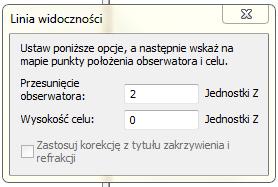 W polu Przesunięcie obserwatora wpisz 2 Linia widoczności będzie obliczona, aby pokazać, które obszary są widoczne z perspektywy obserwatora z wysokości 2m.