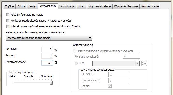 tif w celu otwarcia Właściwości W oknie Właściwości warstwy tematycznej wybierz zakładkę Wysokości bazowe W pozycji Wysokość z powierzchni wybierz Udrapowanie na zadanej powierzchni i z rozwijalnej