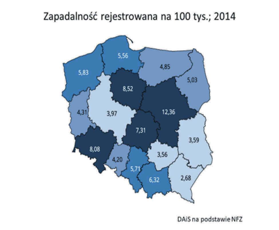 Najwyższe wskaźniki zapadalności rejestrowanej na 100 tys.