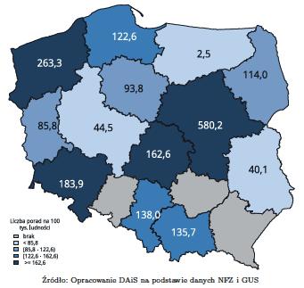 przy ul. Wolskiej 37. Na mapie poniżej widać wyraźnie, że poradnia ta wykonuje najwięcej w kraju świadczeń medycznych dla pacjentów zakażonych (wskaźnik 580/100 tys.). Wykres 32.