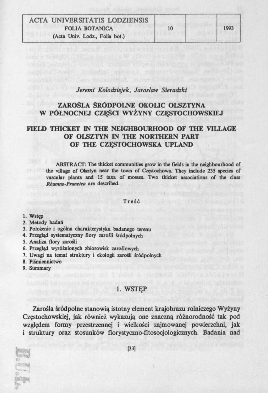 ACTA UNIVERSITATIS LODZIENSIS FOLIA BOTANICA 10 1993 (Acta Univ. Lodz., Folia bot.