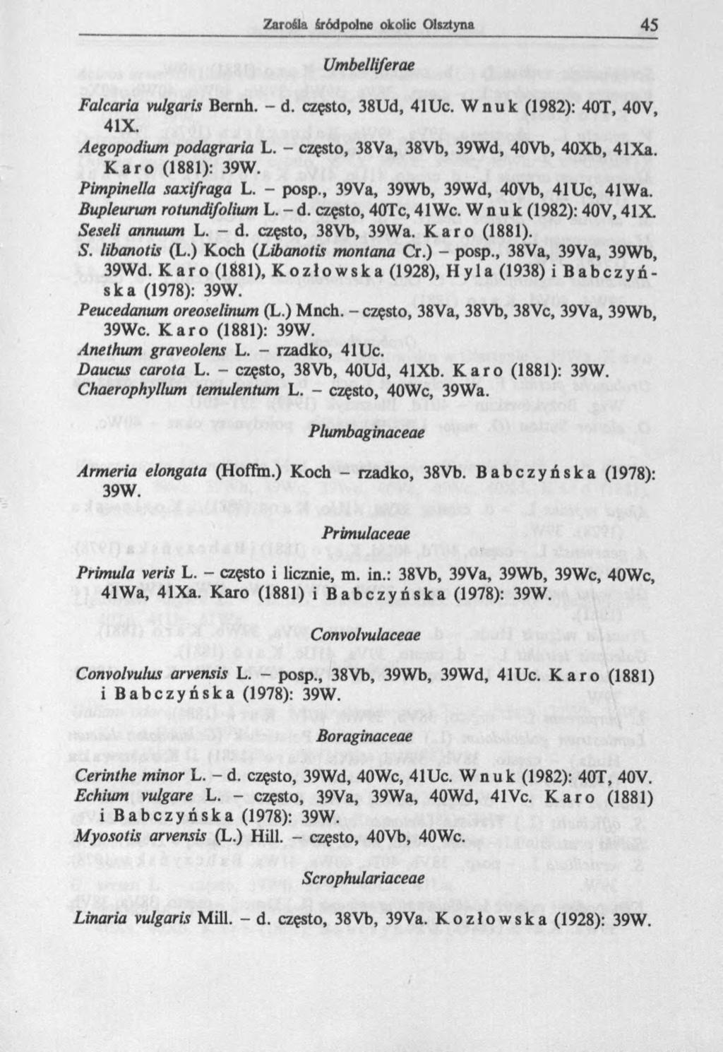 Umbelliferae Falcaría vulgaris Berah. - d. często, 38Ud, 41Uc. Wnuk (1982): 40T, 40V, 41X. Aegopodium podagraria L. - często, 38Va, 38Vb, 39Wd, 40Vb, 40Xb, 41Xa. Karo (1881): 39W.