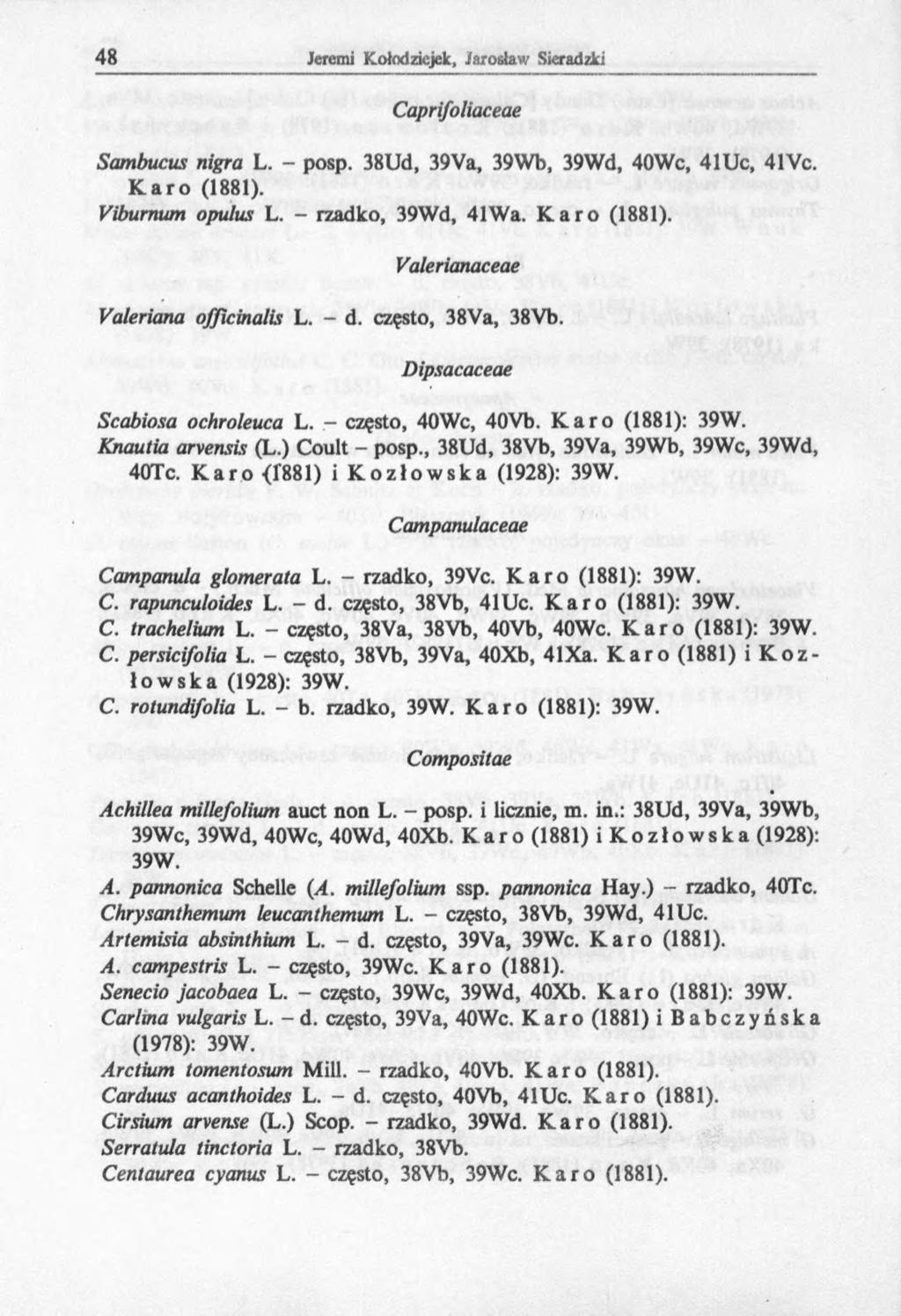Caprifoliaceae Sambucus nigra L. - posp. 38Ud, 39Va, 39Wb, 39Wd, 40Wc, 41Uc, 41Vc. Karo (1881). Viburnum opulus L. - rzadko, 39Wd, 41Wa. Karo (1881). Valerianaceae Valeriana officinalis L. - d.