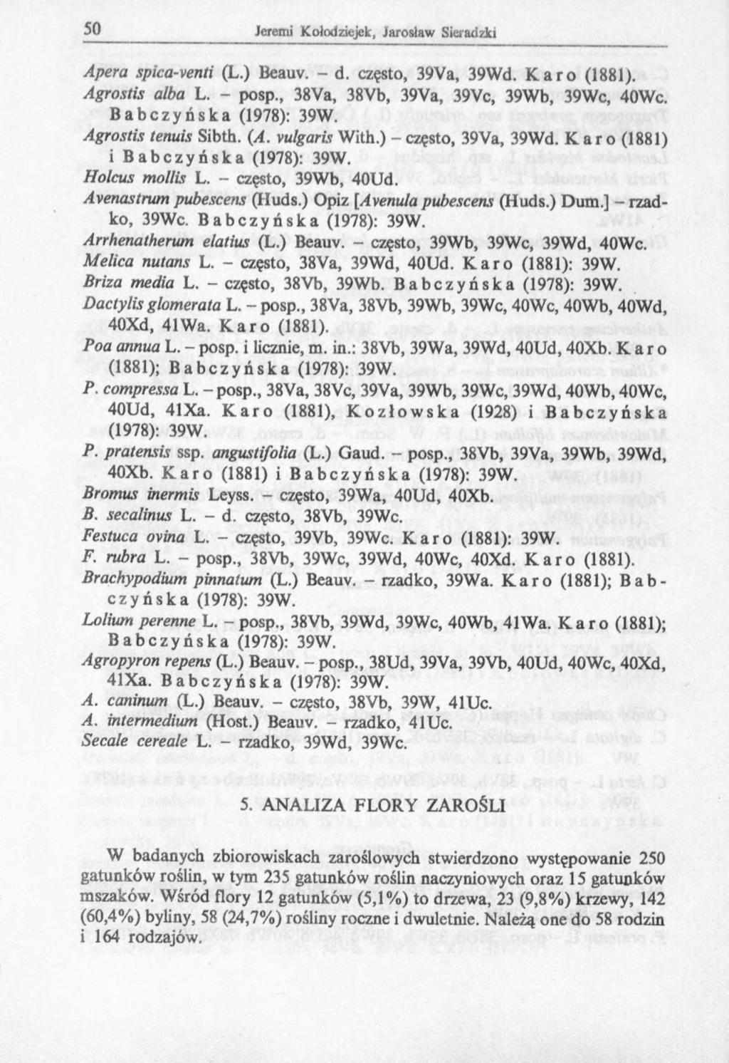 Apera spica-venti (L.) Beauv. - d. często, 39Va, 39Wd. Karo (1881). Agrostis alba L. - posp., 38Va, 38Vb, 39Va, 39Vc, 39Wb, 39Wc, 40Wc. Babczyńska (1978): 39W. Agrostis tenuis Sibth. (A.