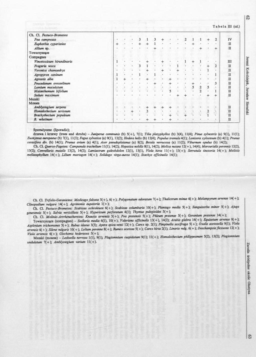 o\ to Tabela HI (cd.) Ch. Cl. Festuco-Brometea Poa compressa 3 1 3 4-2 1 1 4-2 IV Euphorbia cyparissias 4-4- 4-1 4- n Allium sp.