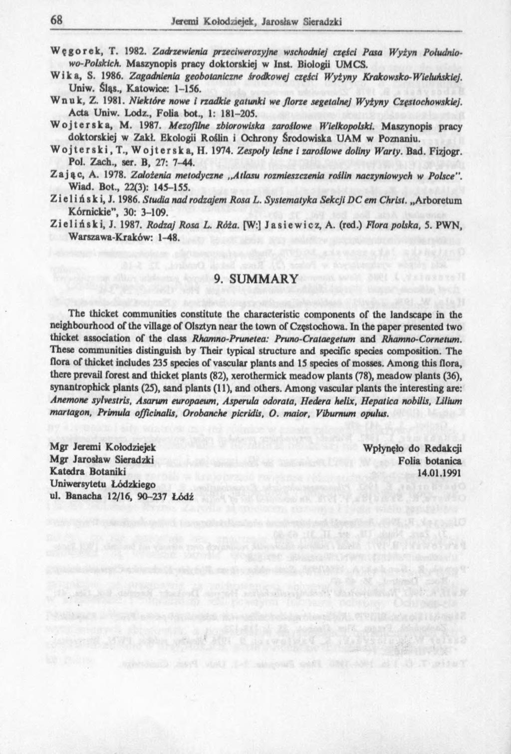 Węgorek, T. 1982. Zadrzewienia przetiwerozyjne wschodniej części Pasa Wyżyn Południowo-Polskich. Maszynopis pracy doktorskiej w lnst. Biologii UMCS. Wika, S. 1986.
