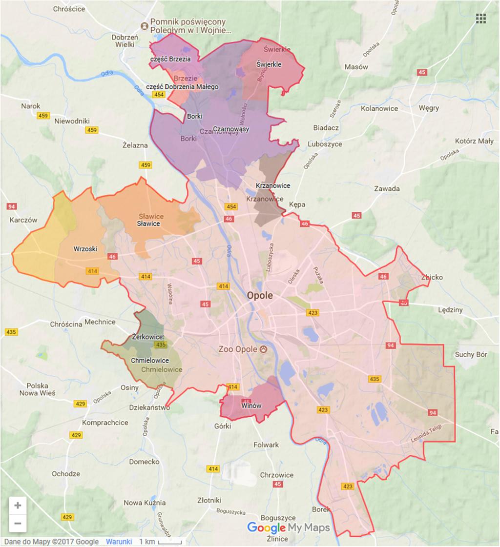 progeo Sp. z o.o. Rysunek 3.2 PROGRAM OCHRONY ŚRODOWISKA DLA MIASTA OPOLA NA LATA 2018-2021 49 Mapa poglądowa miasta Opola po zmianie granic z dniem 1 stycznia 2017 r.