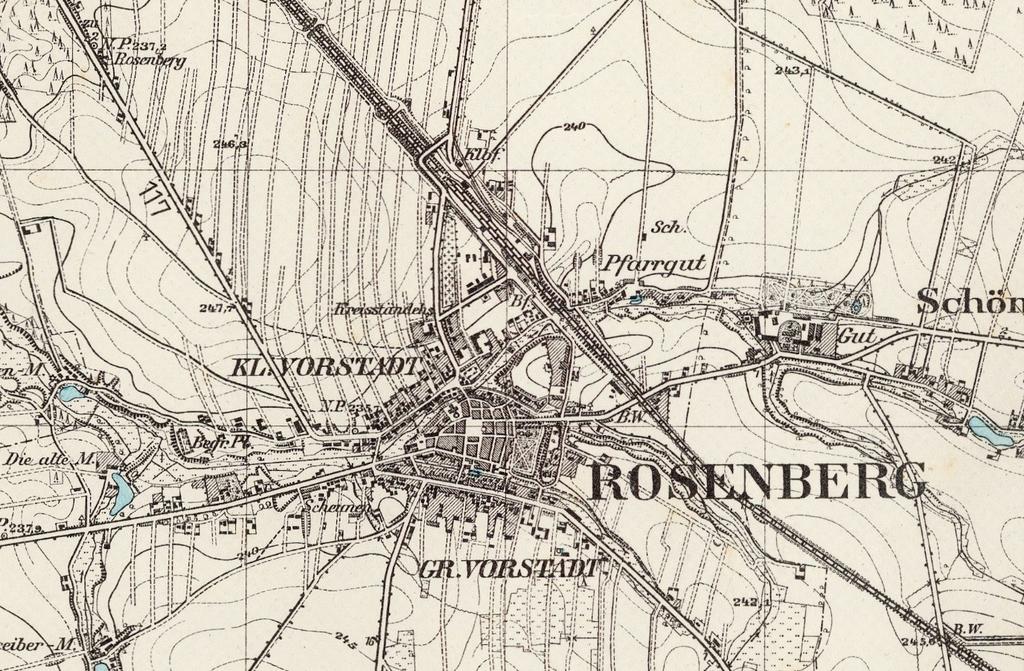 v Rysunek 4. Plan Olesna z 1938 r. (źródło mapa: Messtischblatt nr 5176 Rosenberg 1;25 000, wyd. 1938) Łomnica (Łompnicza, Lomnitz, Gnadenkirch (ab 1936)).