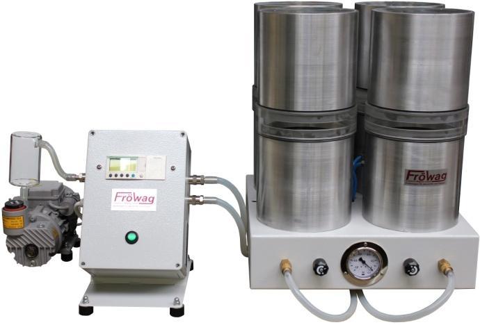 4 cylindry próżniowe z oknem wizyjnym i perforowanym dnem do próbek Ø100 mm Podstawa próżniowa z precyzyjnym ciśnieniomierzem do odpowietrzana próbek w piknometrach 500, 1000, 2000 ml oraz