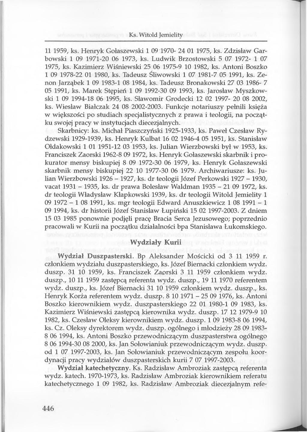 Ks. Witold Jemielity 11 1959, ks. Henryk Gołaszewski 1 09 1970-24 01 1975, ks. Zdzisław Garbowski 1 09 1971-20 06 1973, ks. Ludwik Brzostowski 5 07 1972-1 07 1975, ks.