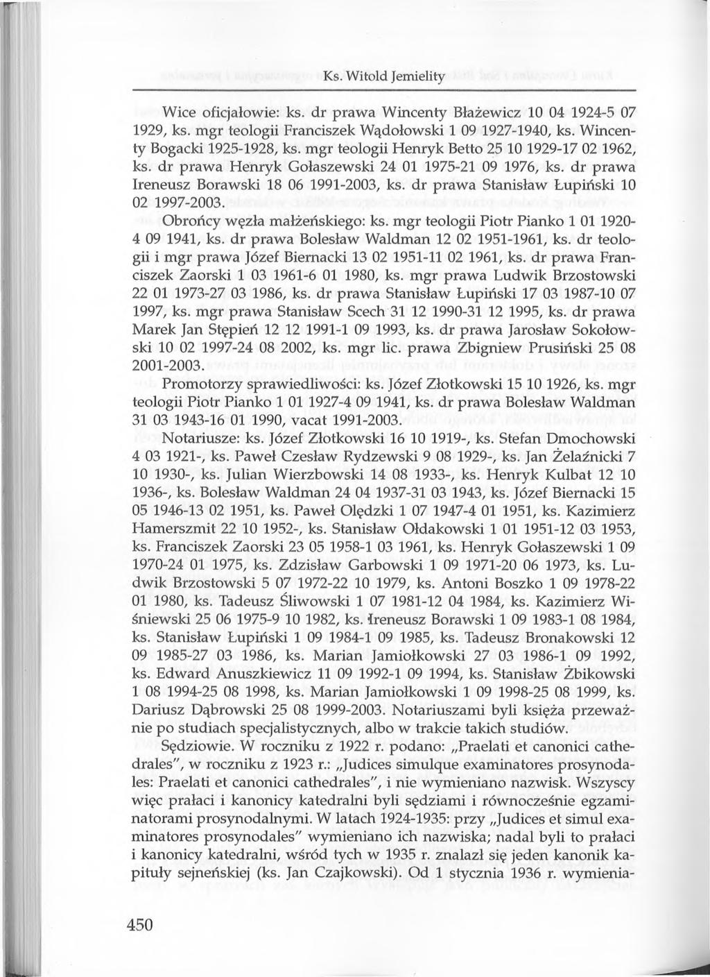 Ks. Witold Jemielity Wice oficjałowie: ks. dr prawa Wincenty Błażewicz 10 04 1924-5 07 1929, ks. mgr teologii Franciszek Wądołowski 1 09 1927-1940, ks. Wincenty Bogacki 1925-1928, ks.