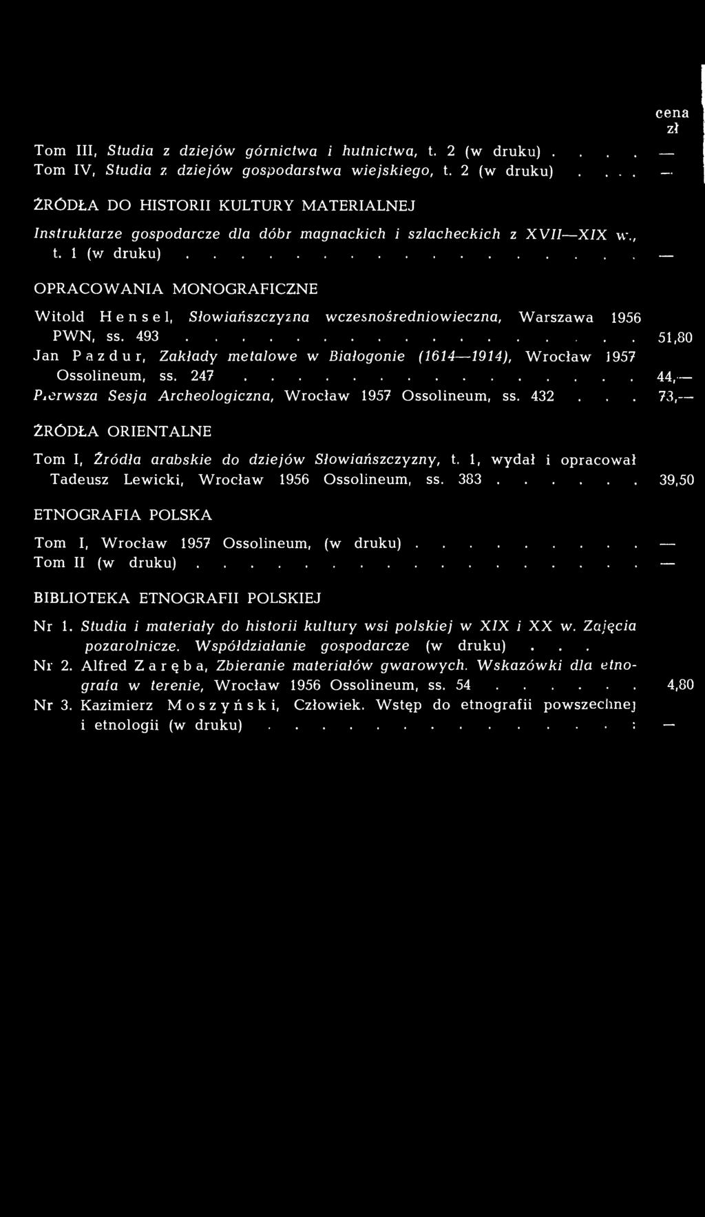 1 (v/ druku) cena zł OPRACOWANIA MONOGRAFICZNE Witold H e n s e 1, Słowiańszczyzna wczesnośredniowieczna, Warszawa 1956 PWN, ss.