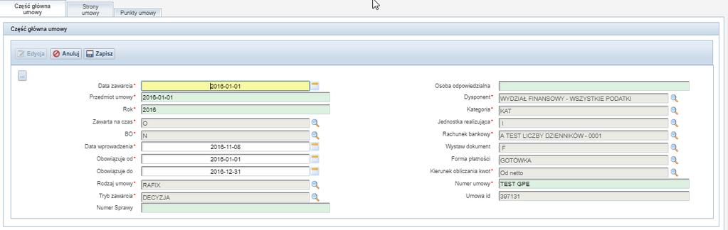 1 Kartoteki Po kliknięciu w nowa umowa wyświetla się formatka zawierająca 3 zakładki (część główna umowy, strony umowy, punkty umowy).