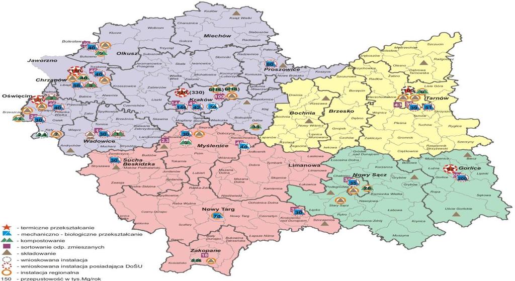 Rys. 1 Podział województwa małopolskiego na regiony gospodarki odpadami.