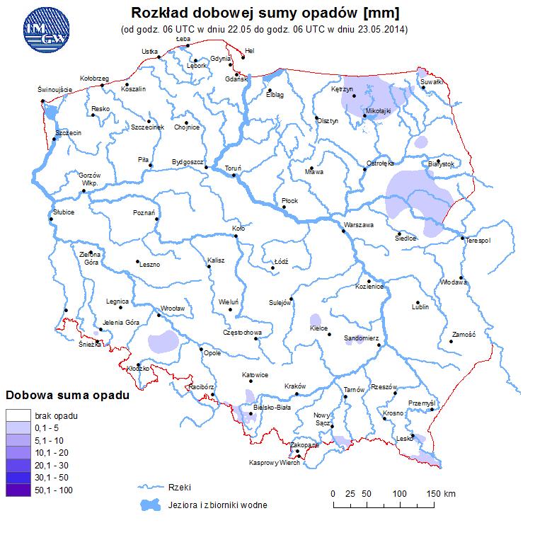 rzekach Polski Rozkład dobowej suma opadów