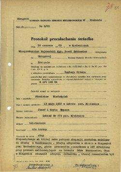 Protokół przesłuchania Stanisława Niedośpał, który w czasie II wojny światowej pracował w