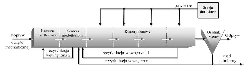 Rys. 1. Schemat technologiczny oczyszczalni ścieków w Kartuzach wych (700, 1760, 860 i 1150 m 3 ). W pierwszej komorze zachodzi defosfatacja. Denitryfikacja przebiega w drugiej z komór.