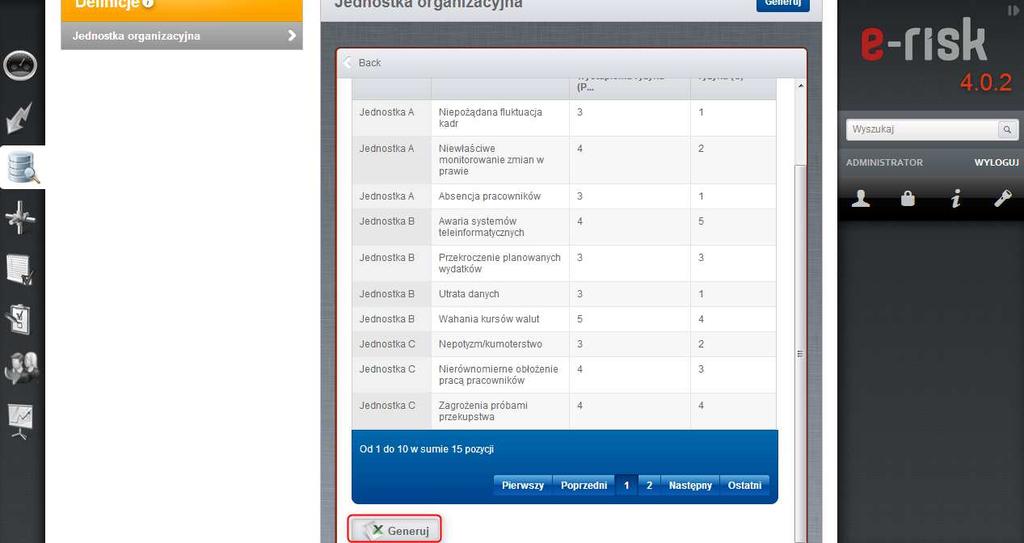 Zakładka Dane zawiera informacje w postaci tabeli.