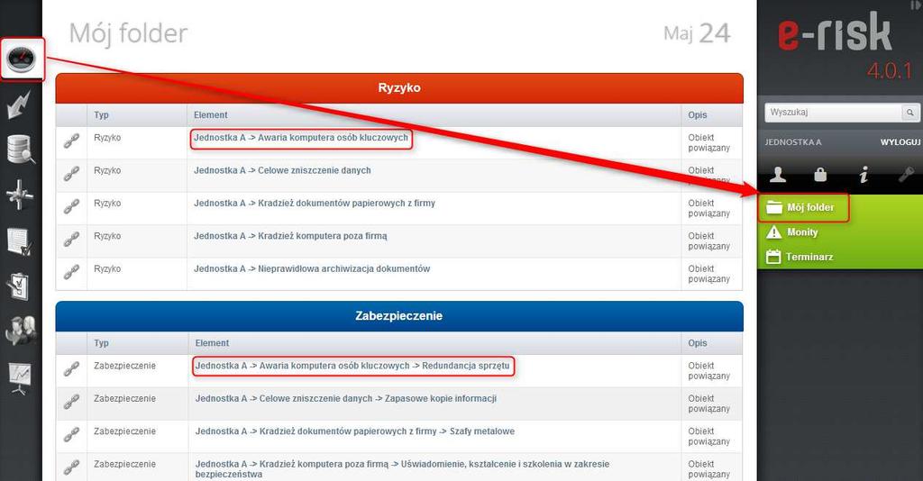 3. Przykładowe czynności możliwe do wykonania w oprogramowaniu przez użytkownika Właściciel ryzyka 3.1.