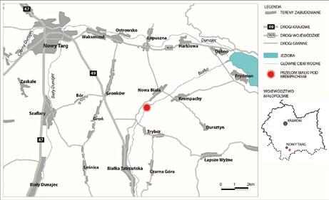 Ryc. 1. Położenie rezerwatu względem głównych miejscowości regionu i województwa małopolskiego Fig. 1. Location of the natural reserve against main cities in the region and małopolskie voivodship zapisy są powtórzone w gminnym programie ochrony środowiska (POŚ gminy Nowy Targ).