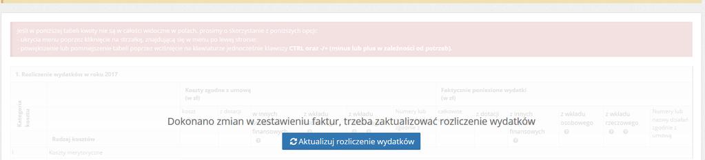 W przypadku naniesienia zmian na zakładkę II i III po przejściu do kroku IV pojawi się komunikat o konieczności zaktualizowania rozliczenia wydatków. Należy kliknąć w Aktualizuj rozliczenie wydatków.