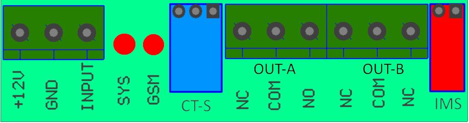 Opis złącz urządzenia +12V Plus zasilania OPIS ZŁĄCZ GND INPUT SYS GSM CT-S OUT-A OUT-B IMS Masa zasilania Wejście