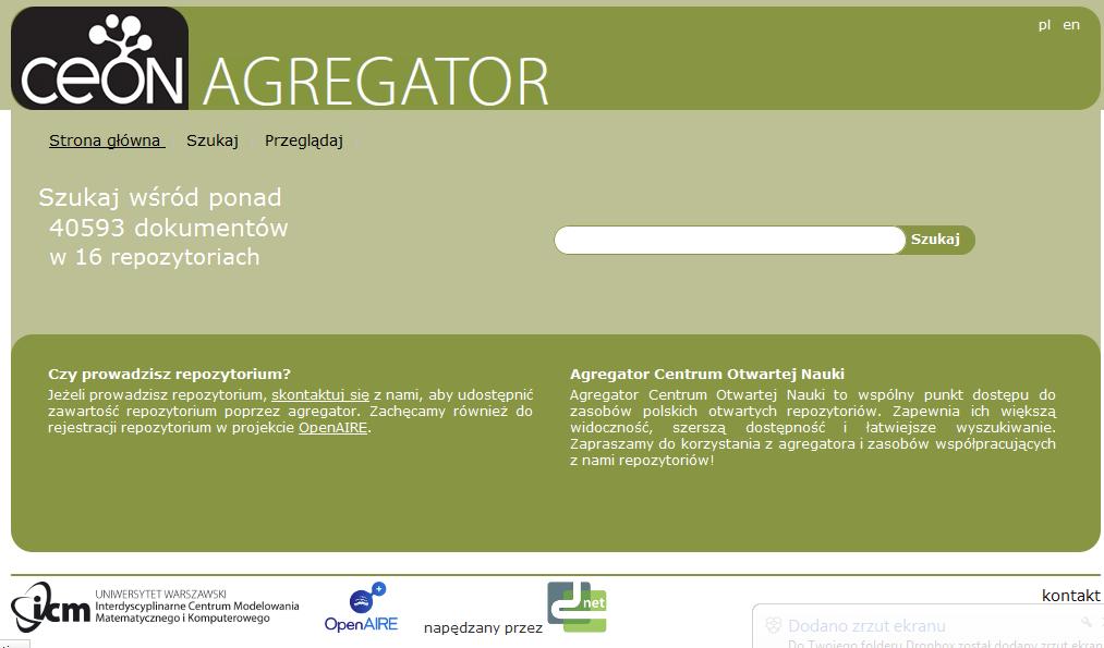 Agregator CeON Wspólny punkt dostępu do zasobów polskich otwartych