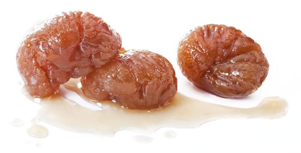 Kasztany suche w drobnych kawałeczkach, rozbrodnione owoce najwyższej jakości; Kasztany Cukiernicze (Glaces), owoce całe odsączone, lukrowane i już w foremce, gotowe do sprzedaży; Pasta z kasztanów,