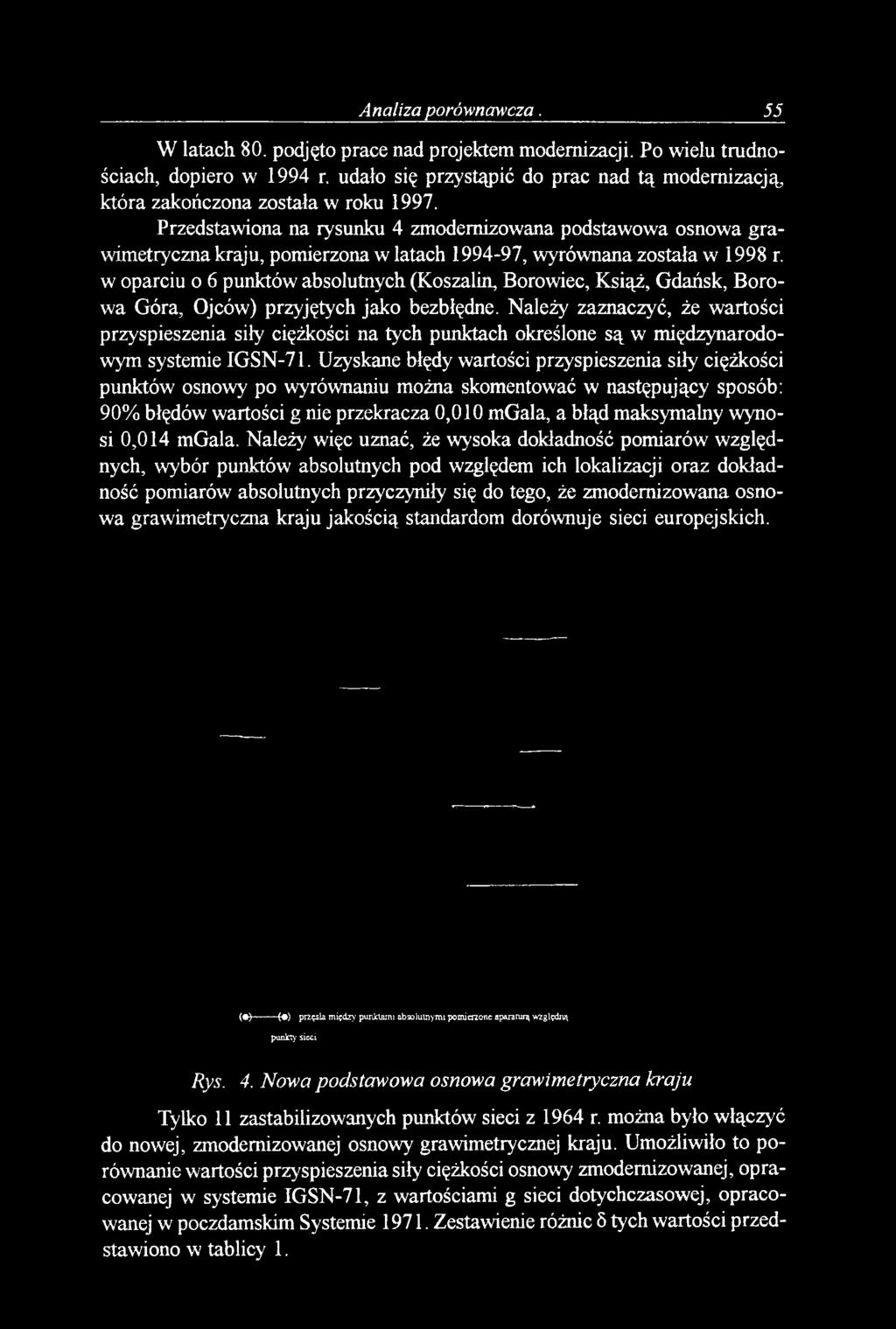 Przedstawiona na rysunku 4 zmodernizowana podstawowa osnowa grawimetryczna kraju, pomierzona w latach 1994-97, wyrównana została w 1998 r.