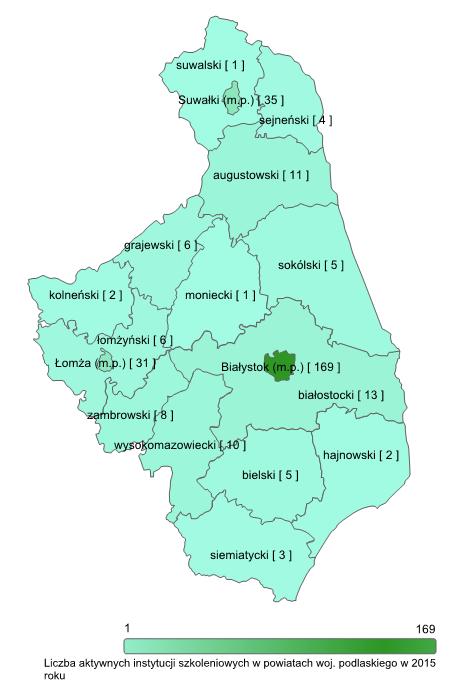 MAPA 1. LICZBA AKTYWNYCH INSTYTUCJI SZKOLENIOWYCH W POWIATACH WOJEWÓDZTWA PODLASKIEGO W 2015 R. Źródło: Opracowanie własne na podstawie danych zawartych w RIS.