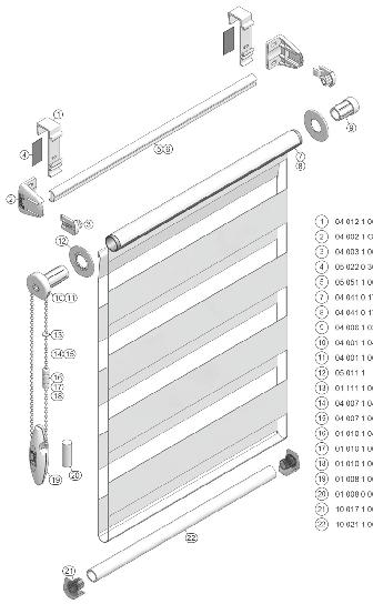 ROLETKI MATERIAŁOWE WOLNOWISZĄCE DZIEŃ I NOC W SYSTEMIE MINI, MAXI MINI 3 4 5 2 1 RM 006 T 002 III Wieszak tworzywowy z zaczepem 2 RM-024 T 002 III Pakiet montażowy biały 3 RM 019 P 51x29 III Taśma