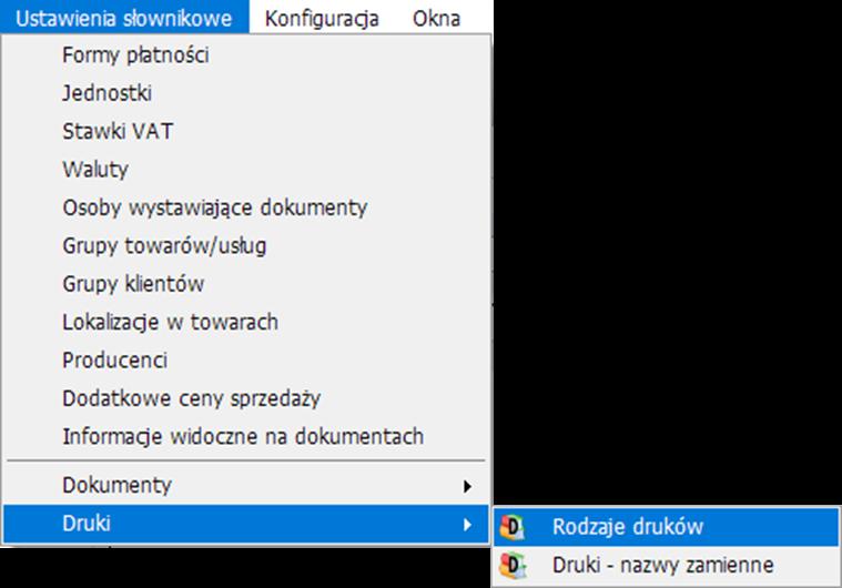 W tym celu musimy wejść w zakładkę Ustawienia słownikowe -> Druki -> Rodzaje