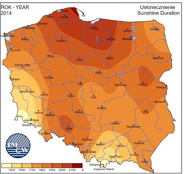 Rysunek 4. Usłonecznienie Źródło: http://www.imgw.pl/klimat Dominującą postacią fizyczną zasilania atmosferycznego w regionie są opady deszczu.