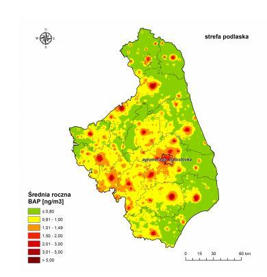 mniejsze miejscowości szczegółowo wskazane na rysunku 7. W poprzednich latach sygnalizowano w ocenach problem z dotrzymaniem normy dla benzo(a)pirenu.