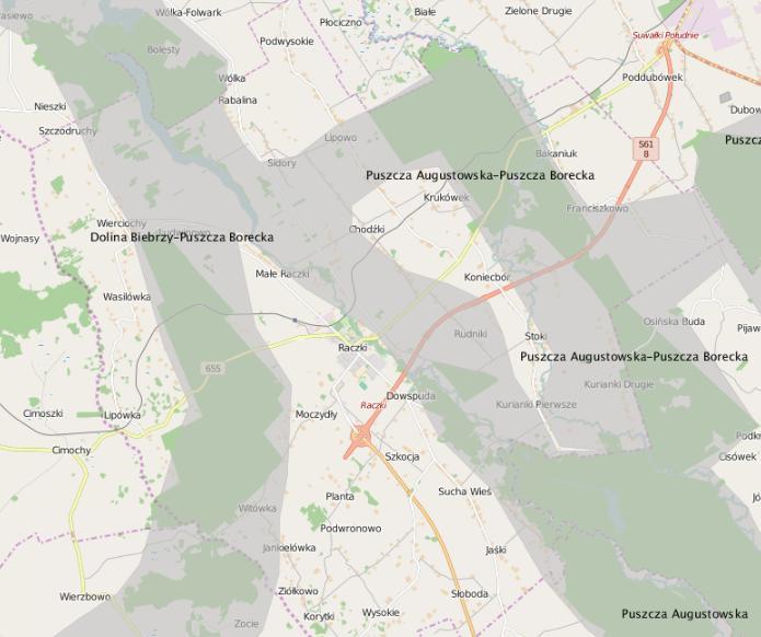Rysunek 10. Położenie korytarzy ekologicznych na terenie Gminy Raczki Źródło: geoserwis.gdos.gov.pl 3.9.