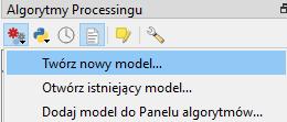 Rys. 15. Sposoby dostępu do graficznego modelarza processingu, po lewej menu QGIS, po prawej panel processingu. Okno modelarza składa się z trzech głównych części (rys.