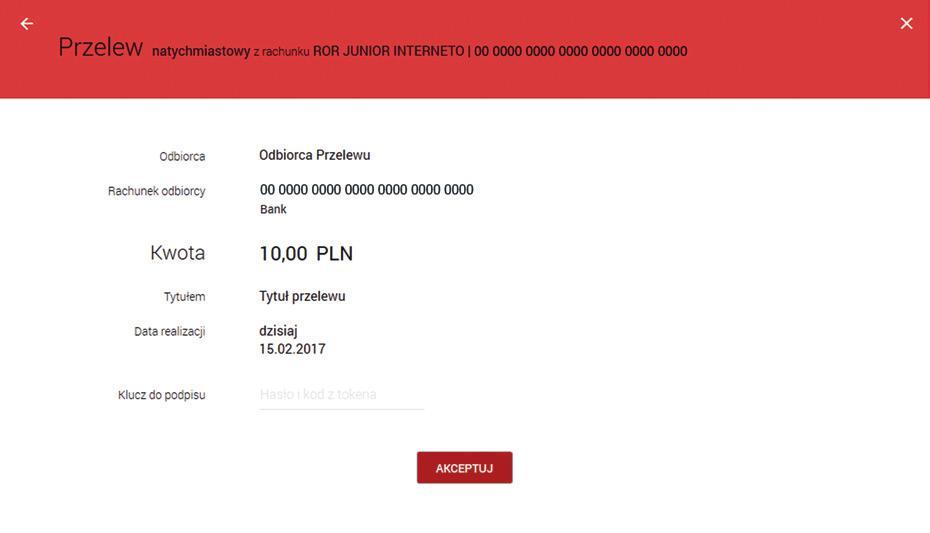 www.bsduszniki.pl Każdy typ przelewu, poza przelewem na rachunek własny, wymaga autoryzacji kluczem tj. w zależności od sposobu logowania - kodem SMS lub hasłem i wskazaniem tokena.