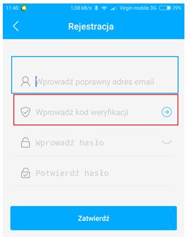 2) Wprowadzamy adres e-mail i naciskamy [ ], na podanego e-mail dostajemy kod weryfikacyjny.
