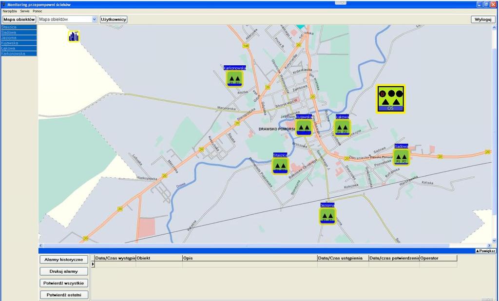 nazwa obiektu, typ alarmu, data ustąpienia alarmu, data potwierdzenia alarmu, nazwa operatora potwierdzającego, co pozwala na szybką analizę monitorowanych stanów obiektówi bez potrzeby przeglądania