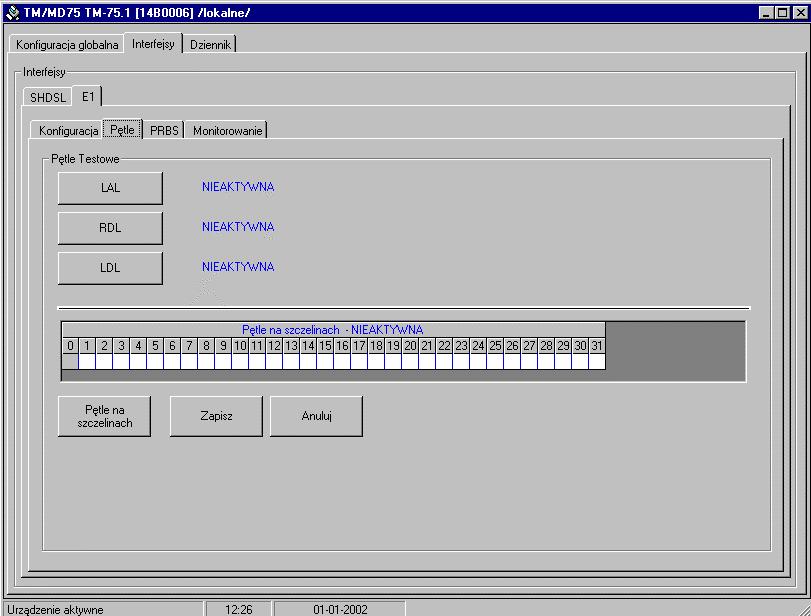 6.2.1.2. Zakładka E1, Pętle MODEM SHDSL / G.703, G.