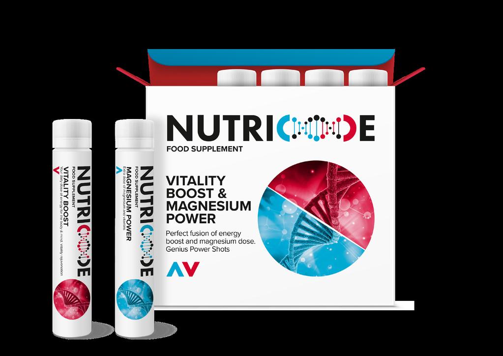 NUTRICODE 19 VITALITY BOOST & MAGNESIUM POWER To innowacyjny suplement diety składający się z sześciu pojemników wypełnionych po brzegi witalnością i energią.
