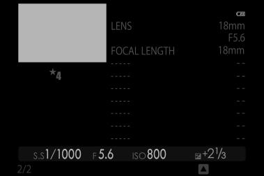 Ekran odtwarzania Wyświetlanie informacji o zdjęciach Ekran informacji o zdjęciu zmienia się po każdym naciśnięciu wybieraka do góry. Podstawowe dane LENS FOCAL LENGTH COLOR SPACE LENS MODULATION OPT.