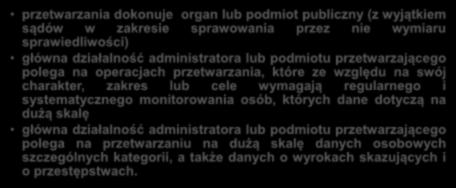 Inspektor ochrony danych Obligatoryjne powołanie inspektora ochrony danych (DPO), gdy: przetwarzania dokonuje organ lub podmiot publiczny (z wyjątkiem sądów w zakresie sprawowania przez nie wymiaru