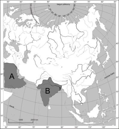 Zasiedlenie przez naród nieposiadający własnego państwa Zadanie 14. Na mapie literami A i B oznaczono dwa azjatyckie regiony. Uzupełnij tabelę.