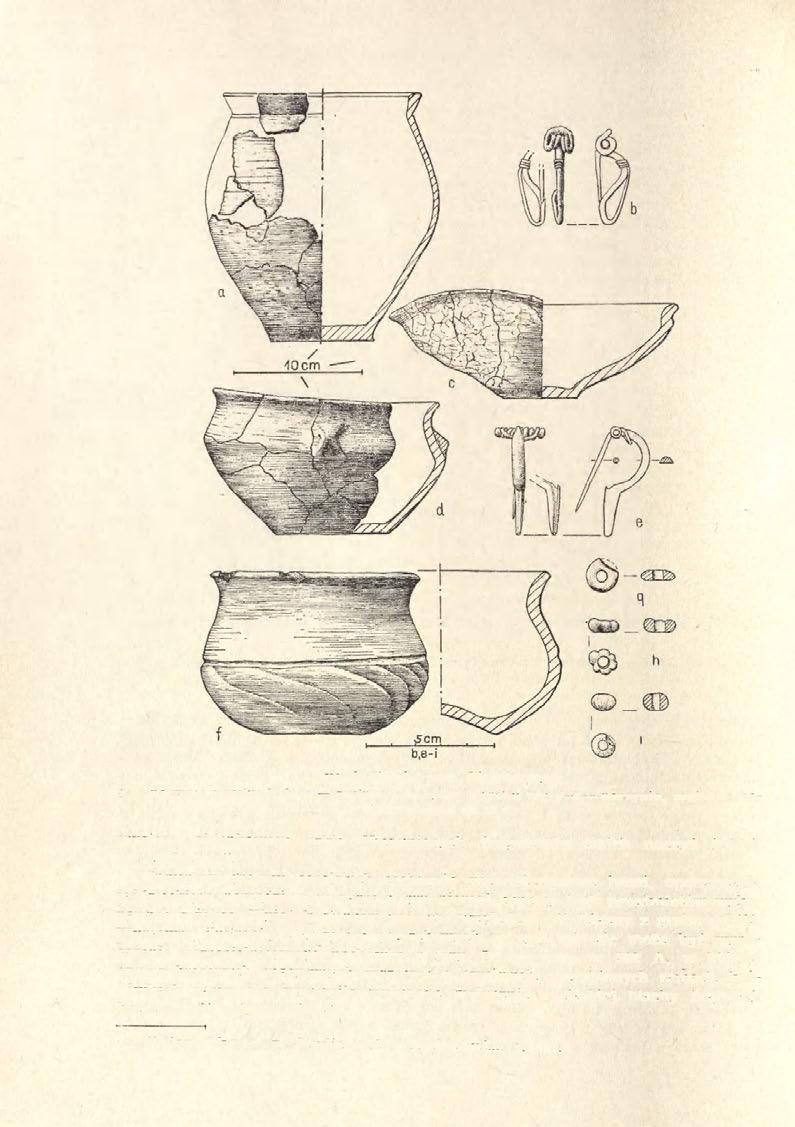 92 JAN J ASK ANIS naczynia, zapinka i pa- Ryc. 8. Cecele, pow. Siemiatycze: a naczynie z grobu 8; b, c zapinka i naczynie z grobu 124; d-i ciorki z grobu nr 17 A czystego, zielonkawego szkła.
