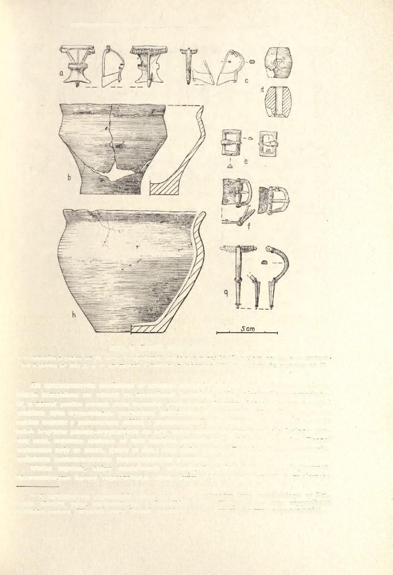 CMENTARZYSKO Z OKRESU RZYMSKIEGO W CECELACH 93 Ryc. 9. Cecele, pow. Siemiatycze: a zapinka z grobu nr 77; b d naczynie, zapinka i przęślik (?