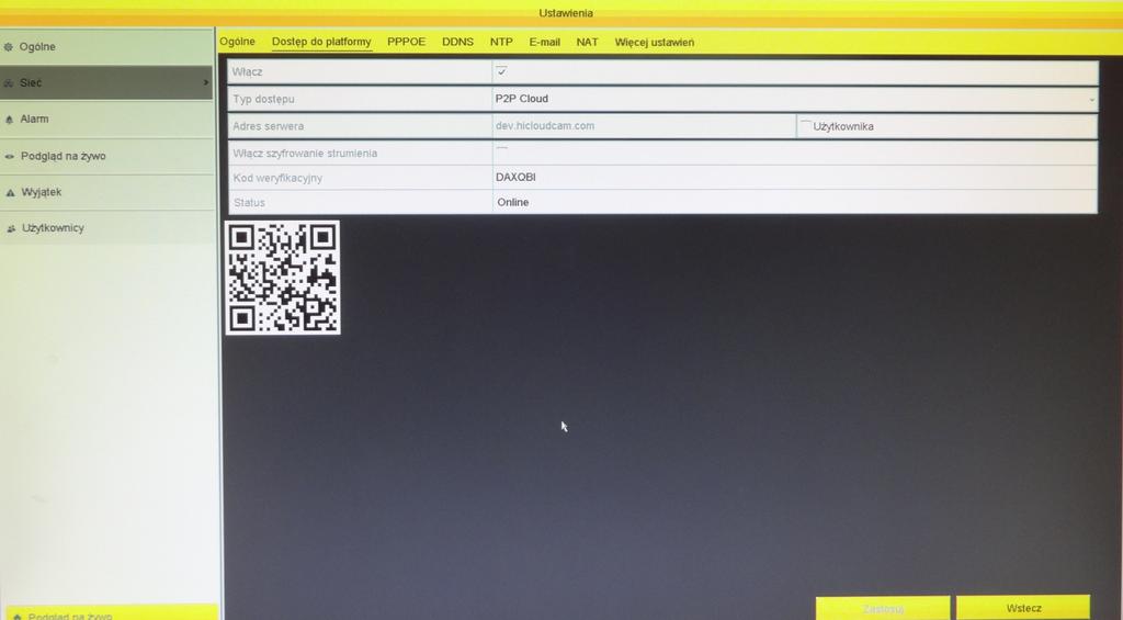 Na dole podawany jest status funkcji P2P. Status online informuje o prawidłowym zgłoszeniu się rejestratora do platformy P2P i jego oczekiwaniu na dodanie do konta.